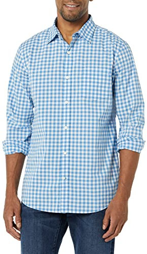 Amazon Essentials Chemise en Popeline Extensible À Manches Longues Et Coupe Ajustée Homme, Bleu Clair Blanc Motif Vichy, L