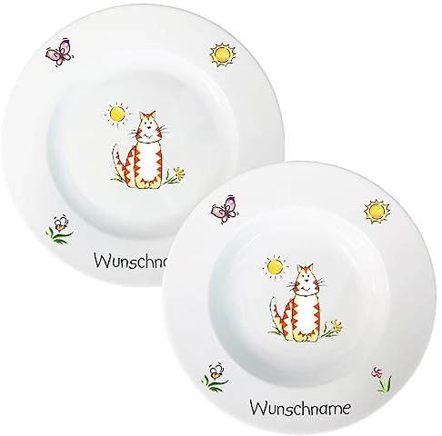 Kindergeschirr Speiseservice 2-tlg. Suppenteller und Speiseteller Kinder Service Set aus Porzellan personalisierbar mit Wunschname Name Kindergeschirr mit Namen personalisiert (Katze)