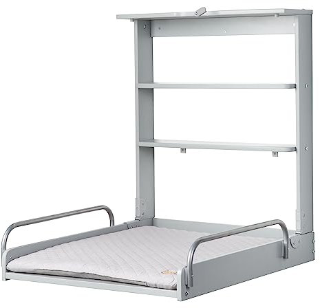 roba Table à Langer Murale Rabattable en Bois Laqué Taupe + Matelas de Change Hydrofuge roba Style gris - 2 Étagères Pratiques - Supporte Jusqu'à 15 kg - Peu Encombrante