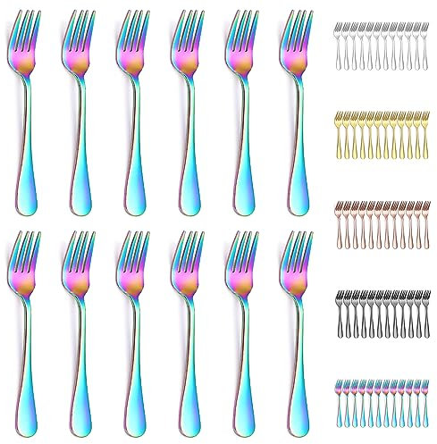 Evanda Dessertgabel 12 Stück, Regenbogen und Titanüberzug Edelstahl Gebäck Gabeln, Gelenkgabel Set für Partys, Veranstaltungen und alle Haushalte, spülmaschinenfest