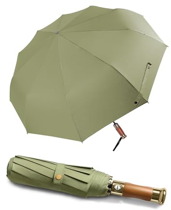 Rain Cats Large 45/50 Inch Umbrellas for rain Strong10 Ribs Fiberglass Umbrella Windproof Wabig Compact Automatic portable Folding Travel Thick Fabric Wood handle (A-Olive, 45 inches in diameter)