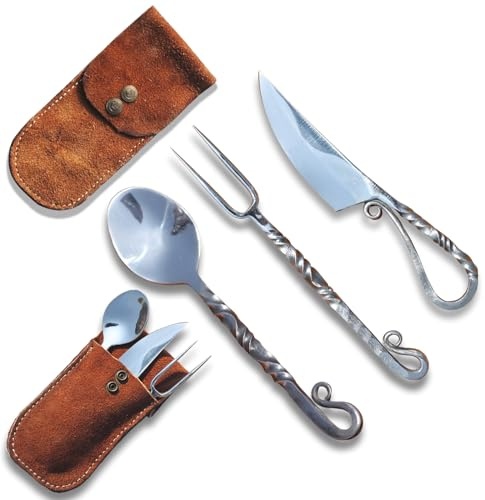 Customize Viking 3-Piece Medieval Cutlery Set, Hand Forged Feasting Set, Twisted Pattern Eating Utensils, Carbon Steel Flatware With Leather Pouch