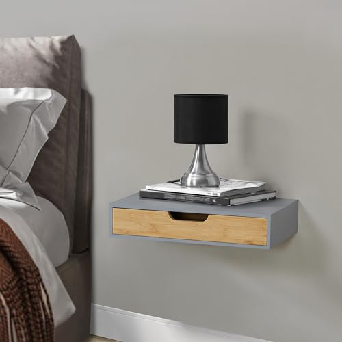 [en.casa] Wandregal Bokn mit Schublade Bambus Schweberegal Hängeregal Wandablage Wandboard Nachttisch-Ablage Grau 40 x 24 x 8 cm Wandschublade