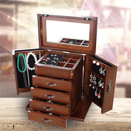 KEESUNG Schmuckkästchen aus Holz, 5 Ebenen Großer Schmuckkasten Vintage Schmuckkasten Holz Schatulle Große Kapazität Schmuckkoffer Organizer für Ohrringe Ketten Schmuckaufbewahrung