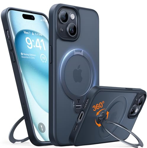 TORRAS Ostand Q3 Spin für iPhone 15 Hülle mit 360° Ständer Schwarz | (360° Magnetischer Unsichtbarer Ständer) Zertifizierte Militärschutz, MagSafe Kompatibel, Stoßfest Matt Rückseite Handyhülle