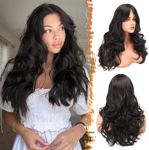 BARSDAR Lange Gewellt Schwarz Braun Perücke mit Pony, 66cm Lange Gewellt Braun Perücke mit Pony für Damen Synthetische Haar Replacement Perücken Natürlich Aussehendes Halloween Party Haar Perücken