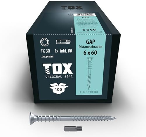 TOX Distanzschrauben GAP 6,0 x 60 mm, Abstandsschraube aus verzinktem Stahl, millimetergenaue Ausrichtung von Holz-Unterkonstruktionen, TX30, 100 Stück im Karton, inkl. 1x Bit, 114140416060
