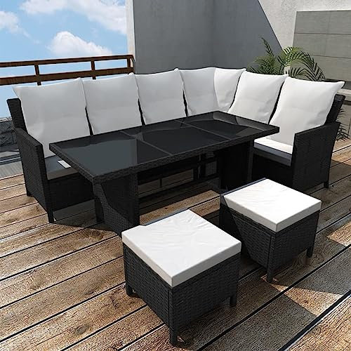 Generisch Ecklounge Rattan Lounge L-Form Sitzgruppe Eckgarnitur Ecksofa mit Esstisch Hocker Tisch Garten Loungemöbel Terrasse Sitzecke Eckbank Gartenlounge Outdoor Gartenmöbel Set Essgruppe