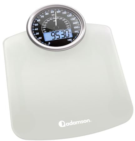 Adamson Hybrid + 2-in-1 Digitale & Analoge Körperwaage bis 180 kg + Dickes Hartglas + Extra Große Anzeige + Einfach Ablesbare Digitale Personenwaage+ NEU + Weiß