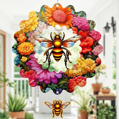 Bee Wind Spinners for Yard and Garden,12 inch Large Metal Wind Spinner Hanging Gifts for Women/Men, Magical 3D Kinetic Wind Sculptures for Indoor/Outdoor Decorations (Bee)