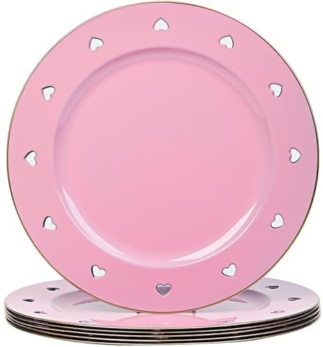 Kazozobi 13 Round Pink Charger Plates, Heart Hollow Chargers for Dinner Plates with Golden Border, Formal Table Setting Accessory Centerpiece Bluk Wedding, Valentine's Day, Galentine's Day, Set of 6