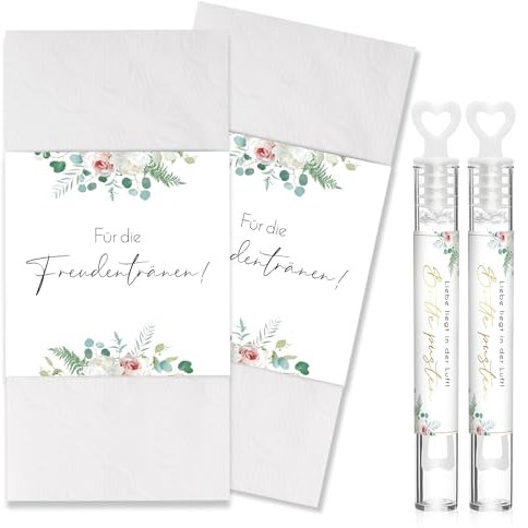 BOFUNX 50 Stück Freudentränen Banderolen Hochzeit Taschentücher Banderolen mit Seifenblasen Aufkleber Liebe liegt in der Luft - Bitte pusten für Taschentücher Gastgeschenke Hochzeitsdeko