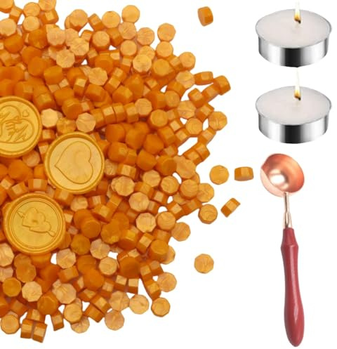 150 Pcs Octagon Sealing Wachs Perlen Schwarz Wachs Seal Perlen mit 2Pcs Tee Kerzen und 1 Pcs Wachs Schmelzlöffel für Handwerk Brief Wein Grußkarten Versiegelung (150, Orange Gelb)