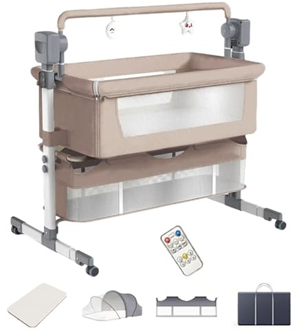 Dziranam Beistellbett Baby, Stubenwagen Baby mit Rollen, Atmungsaktives Netzgewebe, Sicheres und Stabiles Design, Babybett mit 5 Schaukelmodi(BEIGE)