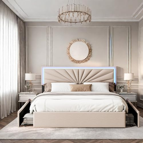 Schubladenbett, 140 x 200 cm, Doppelbett, mit 4 Schubladen, gepolstertes Bett mit Stauraum, Federbetten mit verstellbarer LED, höhenverstellbares Kopfteil, Leinen (Beige, 140 x 200 cm)