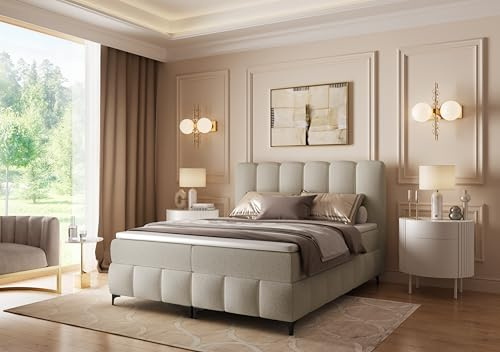 FURNISTAR Boxspringbett Tina 200x200 mit Matratze und Bettkasten - Doppelbett Familienbett mit Topper Stauraum Bubblebett Polsterbett Hotelbett - Beige
