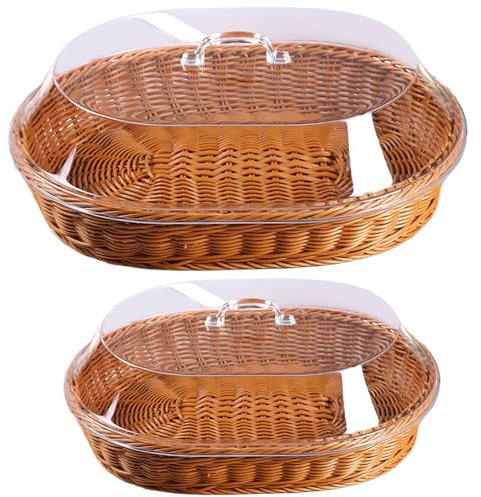 Lot de 2 corbeilles à pain avec couvercle, 2 tailles de paniers à pain en rotin, de forme ovale, pour servir des fruits et des légumes
