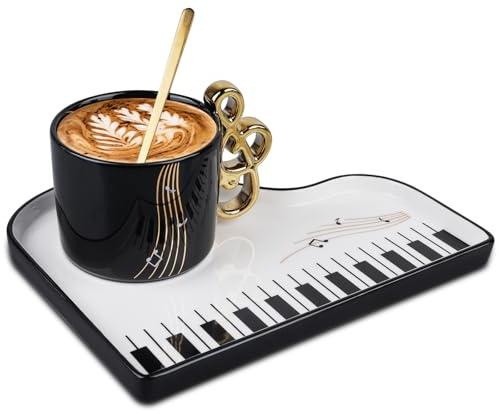 GOMETY Kreative Klavier Kaffeetassen Set mit Unterteller und Löffel: 200ml Keramik Espressotasse, Mochatassen Set Premium Geschenk, für Kaffee & Zuhause (Schwarz)