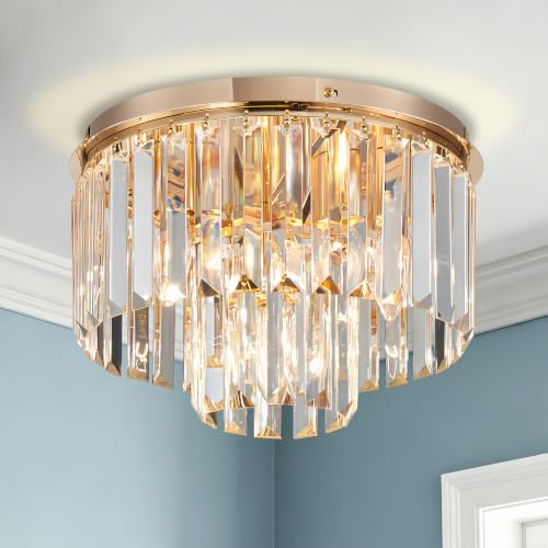 SHRINE LIGHTING Kristall-Deckenleuchte, Moderne Unterputz-Deckenleuchte, D30cm x H21cm, E14 Sockel 3-Licht, Gold Finish & K9 Kristall