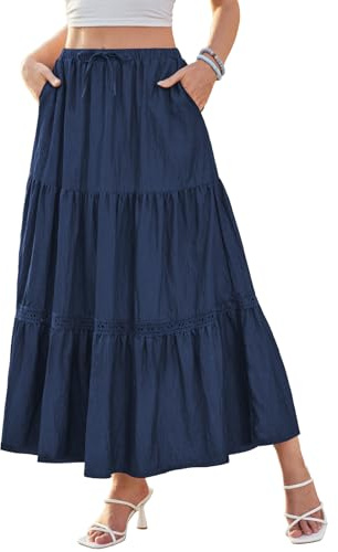 DJT Rock Damen Spitzenbesatz Boho Maxirock Elastisch Taille Casual A-Line Elegant Lang Röcke mit Taschen