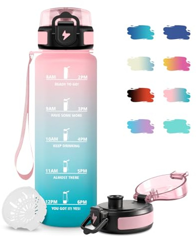 JAPORIA Borraccia 1 Litro, Borraccia Sportiva con Filtro, Bottiglia Acqua Sportiva con Indicatore del Tempo, Facile da Pulire, Borracce a Prova Di Perdite, per Bicicletta, Viaggio, Ufficio, Campeggio