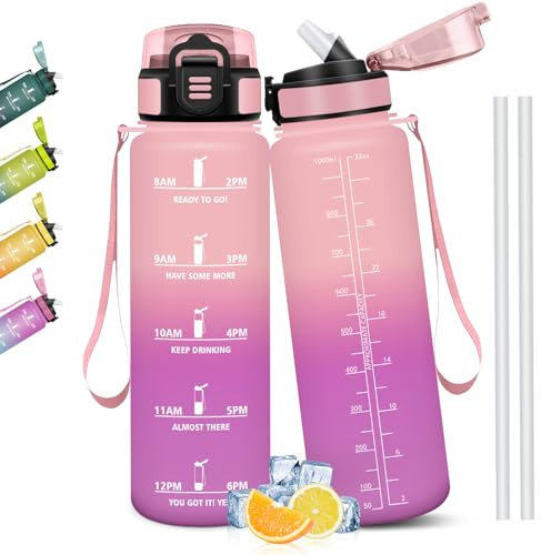 Mulbijeo Borraccia 1 Litro, Libre de BPA & A Prova di Perdita, con Cannuccia, Reutilizables, Borraccia Motivazionale, Portatile, Borracce Palestra per Scuola, Palestra, Ufficio, Sport