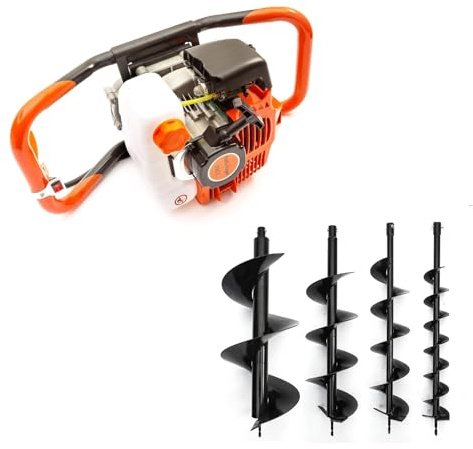 Earth Auger 52cc Petrol 2 Stroke Engine Post Hole Borer Digger & Choice of 4 Drill Bits Attachments 100mm / 150mm / 200mm / 300mm for Planting Digging (52cc Engine & 4X Drill Bit)