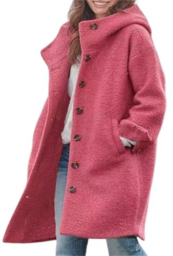 Generisch Abrigos de invierno para mujer, abrigo largo de lana, chaqueta con capucha de una hilera de botones, gabardina casual de mezcla de lana, fucsia, XL