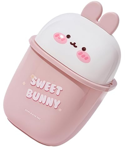 Ipetboom Mini Bote Basura Escritorio con Tapa Abatible Pequeño Cubo Basura Mesa de PP Resistente Compacto y Portátil para Oficina y Hogar Decoración Kawaii Rosa Blanco
