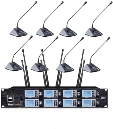 Wireless Conference Microphone 8-Channel UHF Meeting Room Microphone System, 8 Desktop Gooseneck Microphones for Church School Stadium Exhibit, Range up to 328 Feet, 8 Antenna Reception
