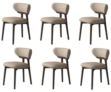 Lot de 6 chaises de salle à manger rétro en bois massif avec dossier, design incurvé, cuir respirant, idéal pour la cuisine et le salon, noyer foncé + kaki foncé