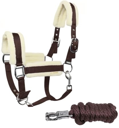 JA Horse JA4007 Kunstfell Halfter Set, Dunkelbraun, Full | Panikhaken, 3-Fach Verstellung, Führstrick, Weich gepolstertes Stallhalfter, verstellbarem