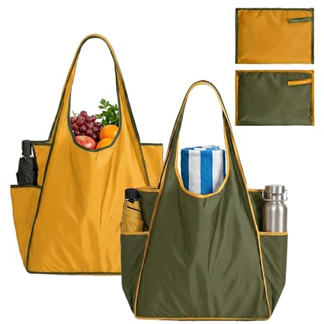 GFYFYZ Einkaufstasche Faltbar 2 Stück Große Strandtasche Wiederverwendbare Einkaufsbeutel mit Seitentaschen Waschbar Shopping Bag Tragbare Badetasche für Einkaufen und Strand Reisen