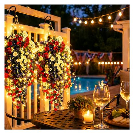 Artificial Hanging Basket Outdoor, 70cm Cascading Hanging Flowers, Lush Red White & Blue Fake Flowers for Garden Patio Fence Wall Decoration (With light)
