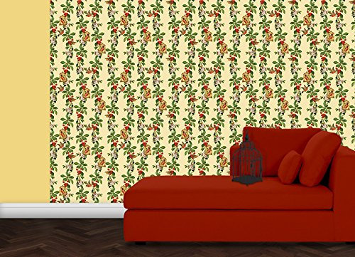 gelbe, sonnige Tapete: Die Apfelkirsche mit Vögeln, Blüten & Kirschen für Gartenfreunde, Vlies Tapete Blumen Obst Tiere, Klassische GMM Design Wanddeko als frische Wohnakzente (H: 1,5m B: 46.5cm)