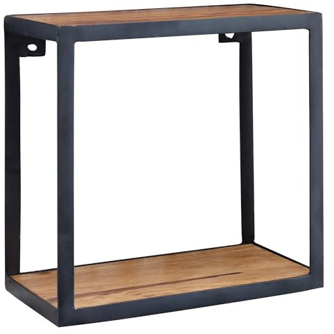 FineBuy Wandregal Puri 35x18x35 cm Sheesham Massivholz Schwarz | Bücherregal hängend mit Metallrahmen und Echtholz-Boden, quadratisches Holzregal, rustikal modern