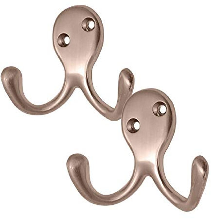 H-Smart Satin Nickel Double Coat Hooks, Pack of 2, Wall & Door Mount, Heavy Duty, 10 Pound Capacity, Ideal for Home & Office