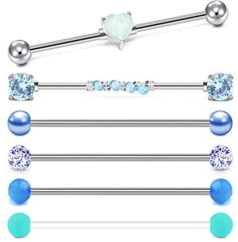 Rajnard Industrial Piercing Langhantel Ohrringe 14G Chirurgische Edelstahl Opal Herzgerüst Industrial Piercing Schmuck Clear Retainer Bar 35mm 38mm für Frauen Männer