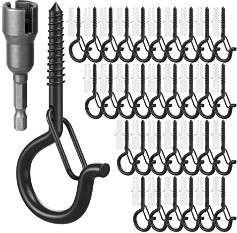 GIPTIME 32 Set Q Hanger String Light Hook, Ceiling Hooks Screw Christmas Rope Light Clips, Fairy Lights Plants Wind Chimes Decoration Hanging Safety Buckle Design, Include Wing Nut Driver