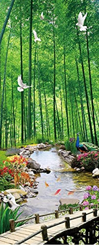 A.Monamour Türtapete Selbstklebend Türfolie Türposter 3D Bambuswald Fisch Im Teich Holzbrücke Natur Landschaft Vinyl Folie Türdeko Tapete Wandbild Türaufkleber Türtattoo 95 x 215 cm