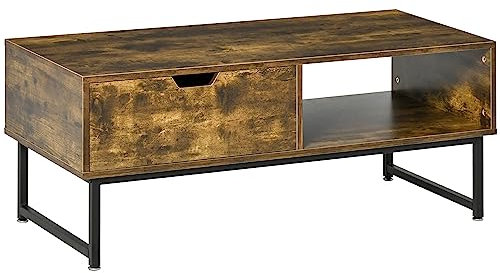 HOMCOM Industrial Coffee table Wooden End Table with Shortage Shelf and Drawer Modern Sofa Table for Living Room, Office, Reception Room Wooden Tabletop Metal Frame, Rustic Brown 106W x 48D x 43H cm