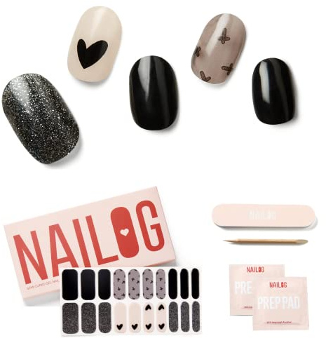 NAILOG Nagelfolie uv Härtend - 20 Stück UV Nagelfolie Langanhaltend Nagelsticker Selbstklebend Gel-Nagelstreifen für Maniküre in Salonqualität, Black Little Heart