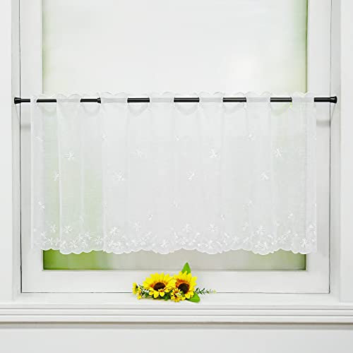 Delien Voile Scheibengardinen Kurzgardinen Stickerei Bistrogardine »Fallende Blumen« Transparente Kurzstores Durchstangenzug Kurzvorhang mit Blumenmuster für Küche 1 Stück BxH 90x45cm,Weiß