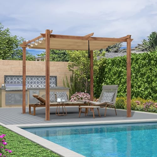PURPLE LEAF Pergola Aluminium 3 x 3 m Pergola Jardin Extérieur Finition Teck, Toile Coulissante Rétractable, Tonnelle Imperméable, Barbecue Extérieur, Pavillon de Jardin, Kaki