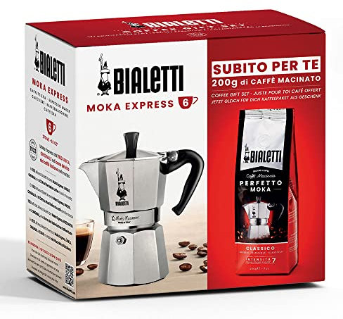 Bialetti Moka Express Italienischer Espressokocher für 6 Tassen mit Perfetto gemahlenem Kaffee, Geschenkbox