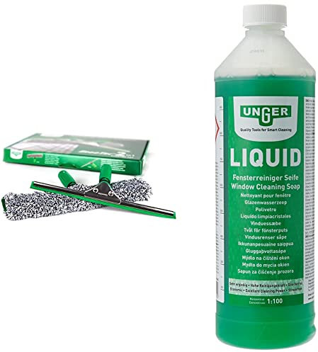 UNGER ErgoTec 2-in1 Window Cleaner Starter Kit - Squeegee & Microfibre Power Washer Sleeve & UNGER FR100 Window Cleaning Liquid Soap - Smear Free Window Glass Cleaner 1L