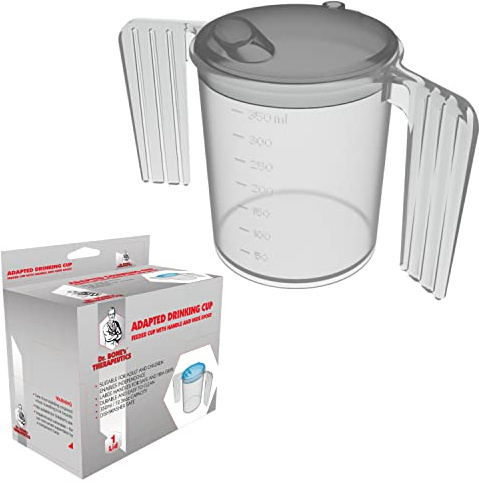 Dr. Bone's ® Two Handled Adapted Drinking Cup with Blue lid (Blue) Plastic Feeding Cup with Wide SPOUT Adult Feeder Beaker Disability Drinking AIDS Feeder Cup with Handle - Grey Lid