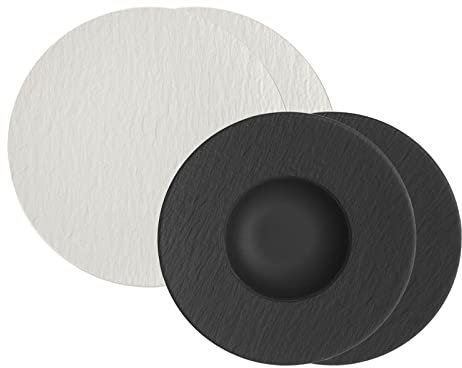 Villeroy und Boch Pizza & Pasta Set Manufacture Rock, platos gourmet y platos de pasta para 2 personas, vajilla de pizarra de porcelana premium, apta para lavavajillas y microondas, color blanco y