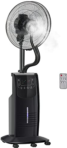 HOMCOM Ventilador Nebulizador de Agua Oscilante 90W con Mando a Distancia Iones Negativos 5 Aspas Tanque de Agua 3,1 L 3 Velocidades Temporizador y Ruedas 44,5x44,5x135 cm Negro