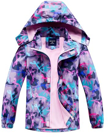 SERENYOU Girls Waterproof Jacket Kids Fleece Lined Raincoat Girl Windbreaker Girls' Rain Coat with Removable Hood Dinosaur UK:11-12 Years(manufacturers's size: 150)